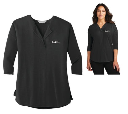 (New Hire) Ladies 3/4-Sleeve Soft Split Neck Top - Black